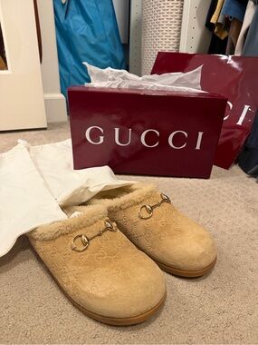 Gucci Tan Suede Shearling Horsebit Clogs